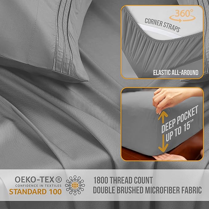 King Size Sheets Set Cooling - Luxury Hotel Sheets - Soft Bed Sheet with Elastic Corner Straps - Deep Pockets Microfiber Bedsheet - Bedding Sheet & Pillowcases -4 PC (King, Light Gray)
