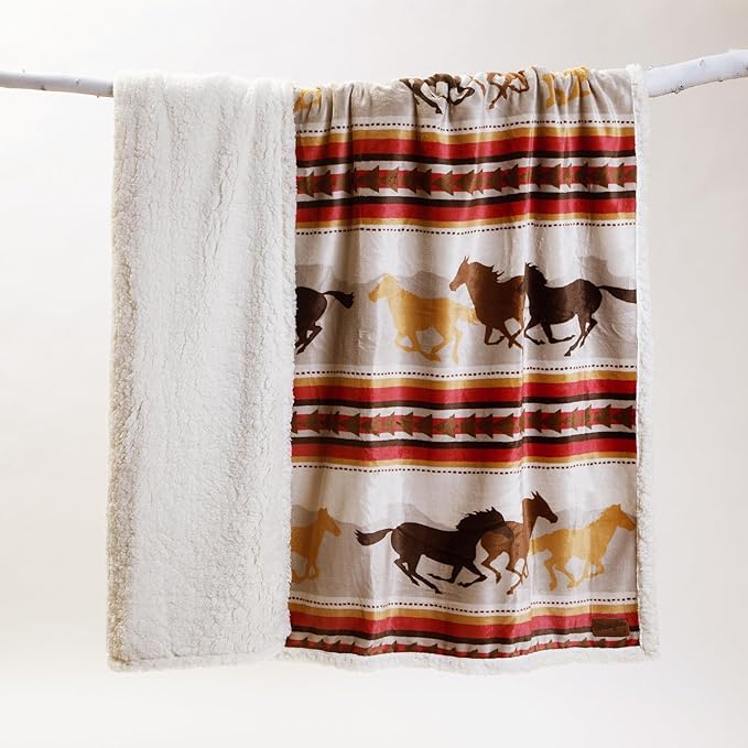 CARSTENS, INC. Wrangler Ultra Premium Super Soft Plush Sherpa Fleece Oversized Throw Blanket 54" x 68", Running Horses