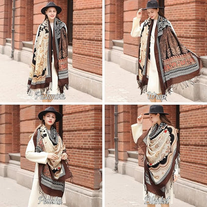 DANA XU 100% Merino Wool Pashmina Shawl for Women 96"x43", Oversized Cashmere Wrap with Tassels, Floral Travel Blanket Cape