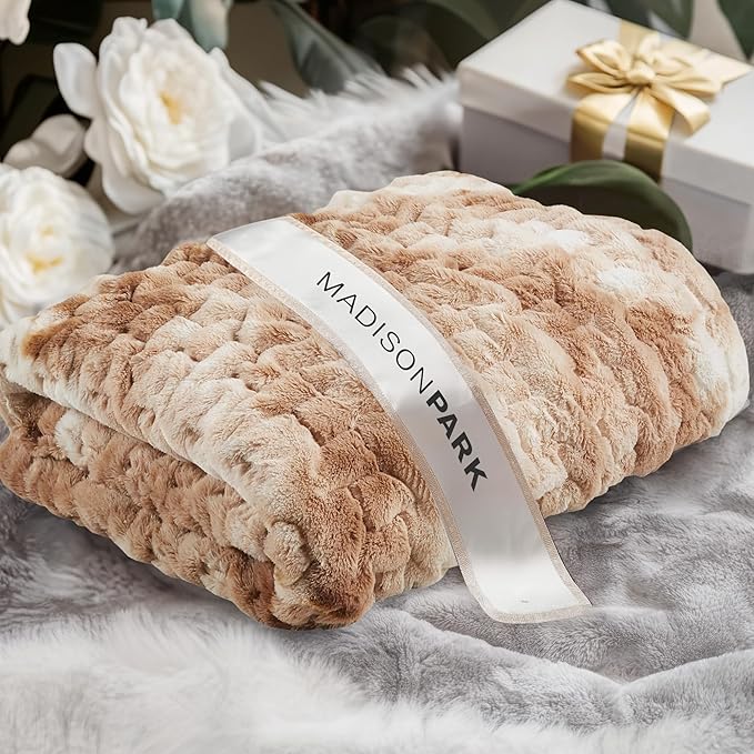 Madison Park Faux Fur Throw, Luxurious Ruched Texture, Fuzzy Warm, Plush Mink-Like Reverse, All Season, Lightweight & Cozy Blanket-Throw for Sofa, Couch, Living Room & Office 50" x 60" Tan Tie Dye