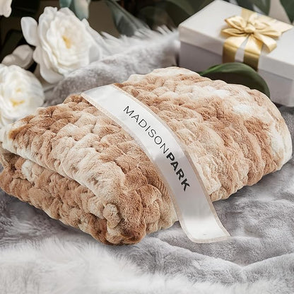 Madison Park Faux Fur Throw, Luxurious Ruched Texture, Fuzzy Warm, Plush Mink-Like Reverse, All Season, Lightweight & Cozy Blanket-Throw for Sofa, Couch, Living Room & Office 50" x 60" Tan Tie Dye