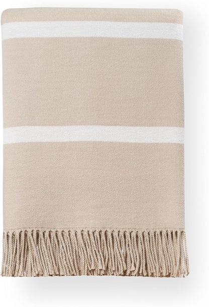 Hofdeco Premium Coastal Decorative Throw Blanket for Patio Couch Sofa, Neutral Tan White Pinstripes with Fringe, 52"x71"