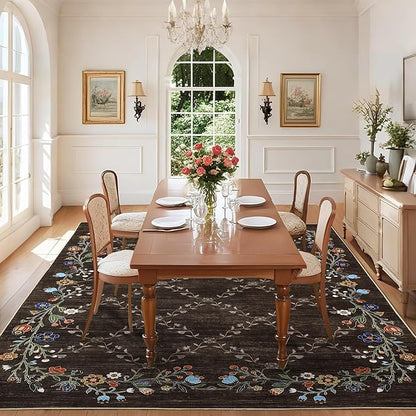 Garveehome 4x6 Washable Floral Area Rugs for Living Room: Modern Floral Non Slip Large Area Rugs for Bedroom, Large Machine Washable Living Room Low Pile Carpet with Non-Slip Backing Brown 4 ft x6 ft.