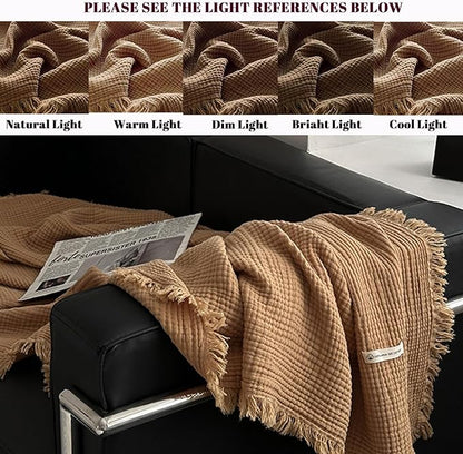 MorroMorn 100% Cotton Queen Size Bed Blanket 80"x90" Muslin Blanket with Fringes, 4-Layer Gauze Blankets for Adult, Boho Bedding Breathable Lightweight Ultra-Soft for All Seasons, Brown