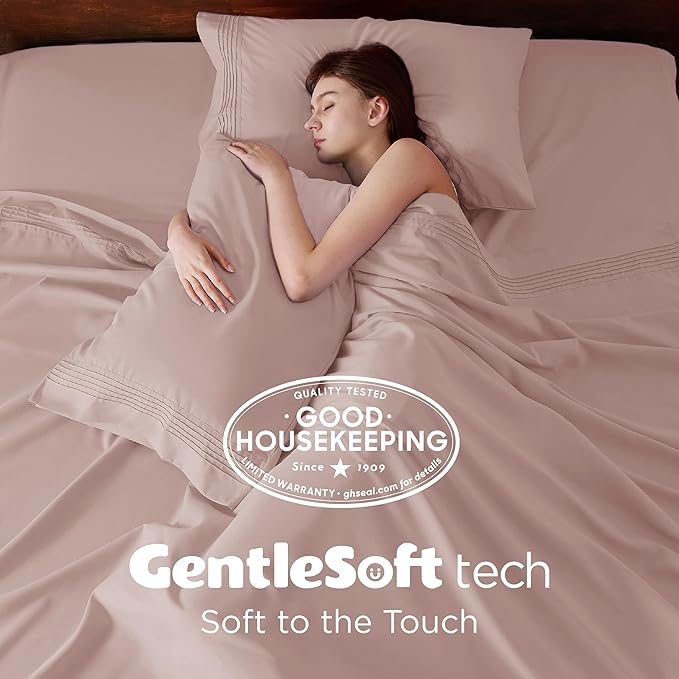 Bedsure Deep Pocket Full Size Bed Sheets Set - Fits Mattresses Up to 21 Inches Thick - 4 Piece GentleSoft Bed Sheets, Moisture Wicking, Cooling Bedsheet & Pillowcases, Easy & Secure Fit, Dusty Pink