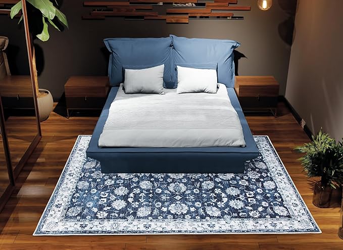 Bloom Rugs Washable Non-Slip 6' x 9' Rug - Dark Blue Traditional Bordered Area Rug for Living Room, Bedroom, Dining Room, and Kitchen - Exact Size: 6' x 9'