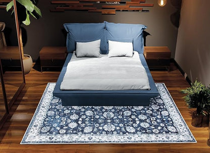 Bloom Rugs Washable Non-Slip 6' x 9' Rug - Dark Blue Traditional Bordered Area Rug for Living Room, Bedroom, Dining Room, and Kitchen - Exact Size: 6' x 9'