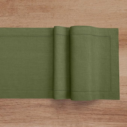 Solino Home Linen Olive Table Runner 108 Inches Long - 100% Pure Linen 14 x 108 Inch Table Runner for Christmas, New Year - Classic Hemstitch