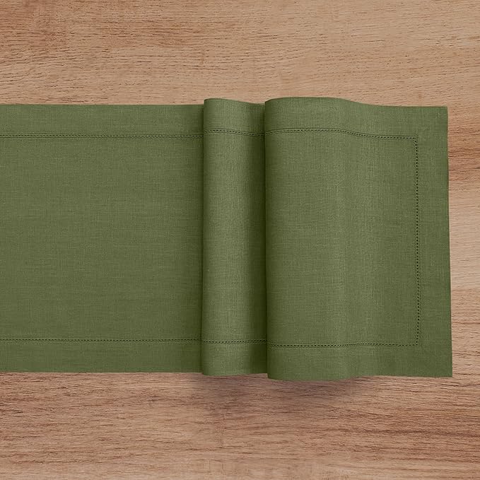 Solino Home Linen Table Runner 48 Inches - 100% Pure Linen Olive Hemstitch Table Runner 14 x 48 Inch Ideal for Dresser and Coffee Tables - Classic Hemstitch - Christmas, New Year