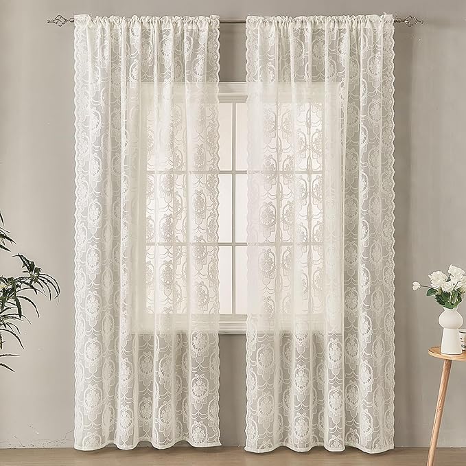 Ivory Vintage Country Floral Lace Sheer Curtains 96 Inches Long -Rod Pocket Light Filtering French Privacy Scalloped Edges Rod Pocket Boho Bedroom ，52 x 96 Inch, 2 Panels