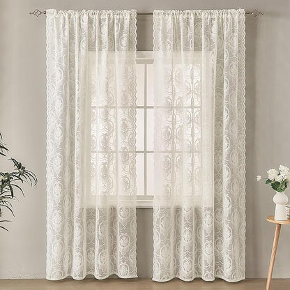 Ivory Vintage Country Floral Lace Sheer Curtains 84 Inches Long -Rod Pocket Light Filtering French Privacy Scalloped Edges Rod Pocket Boho Bedroom ，52 x 84 Inch, 2 Panels