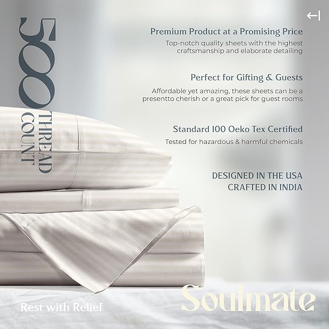 Mayfair Linen 100% Cotton Striped Sheets Twin Size Bed Set - 500 Thread Count Damask Sheets Twin Size 3 PC Set (Beige Stripe), Soft, Cooling, Sateen Hotel-Quality 16" Deep Pocket Cotton Bedsheet