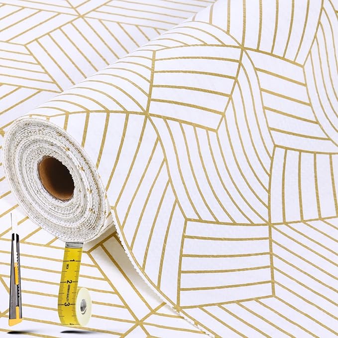 Gold and White Shelf Liners for Kitchen Cabinets Non Adhesive Cabinet Liner Strong Non-Slip Thickened Easy to Clean for Shelf Cabinet with Knife and Tape Measure