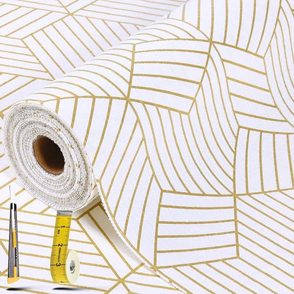 Shelf Liners for Kitchen Cabinets 12in x 30FT, Non Adhesive Cabinet Liner Strong Non-Slip Thickened Gold Geometric Drawer Liner, Easy to Clean for Shelf, Cabinet with Knife and Tape Measure