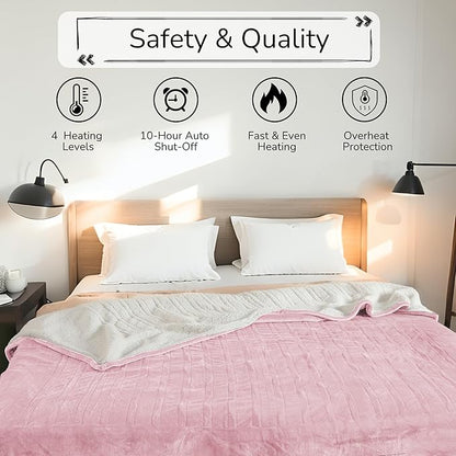 Electric Heated Blanket King Size 90"x100" - Dual-Sided with Microplush & Sherpa Fabric, 4 Heat Settings & 10 Hours Auto Off, Dual Controller, Machine Washable - Light Pink