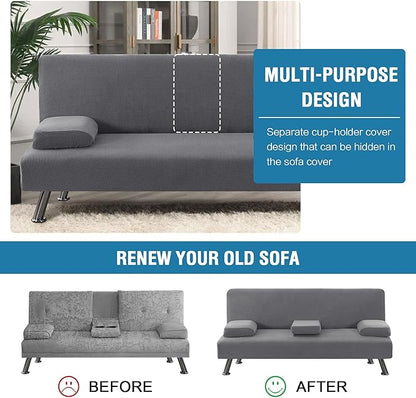 H.VERSAILTEX 4 Pieces Stretch Futon Covers Sofa Bed Slipcover with Removable Armrests and Cupholders Covers Furniture Protector High Spandex Small Checks Jacquard Fabric, Grey