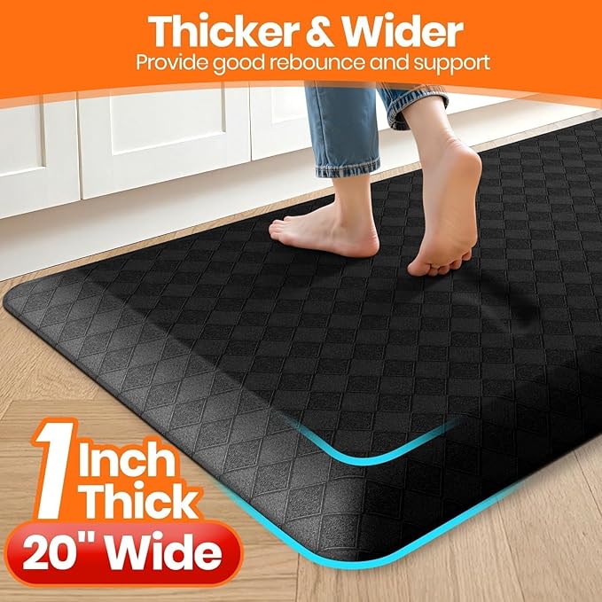 StepRite 1” Thick Kitchen Mats for Floor, Anti Fatigue Kitchen Rugs, Non-Slip,Heavy Duty Waterproof Kitchen Rug, Standing Desk Mat for Home, Kitchen, Office(Black)