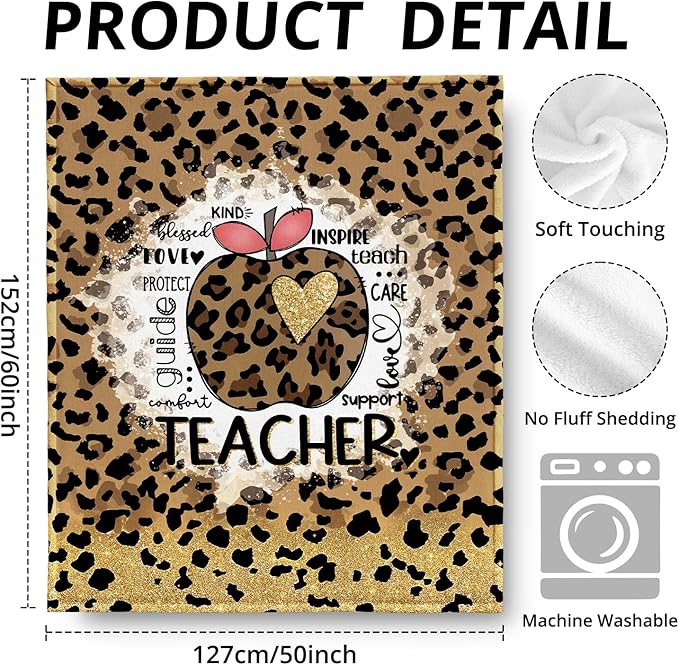 Teacher Leopard Blanket, Trendy Retro Cheetah Print Throw Blankets for Office Home Bedroom Living Room Couch Decor, Teacher Appreciation Gifts for Women, Teachers Gifts, 50x60 Inch