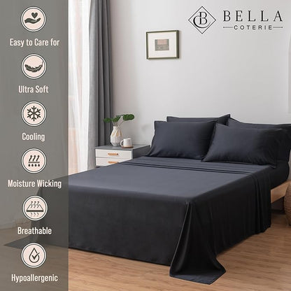 Bella Coterie 6 Piece Luxury Bamboo Viscose Queen Size Sheet Set | 100% Organically Grown | Cooling for Hot Sleepers | 18" Deep Pocket | Soft & Hypoallergenic | 4 Pillowcases [Black]