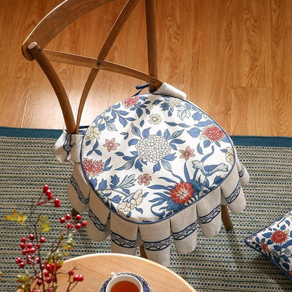 patdrea Pack of 2 Chair Cushions for Dining Chairs with Ruffled, Blue Floral Ivar Seat Cushion with Ties,Non Slip Chair Pads Decor for Bar Stool Cushions, Indoor Kitchen Chairs, 17.7"x17.7"