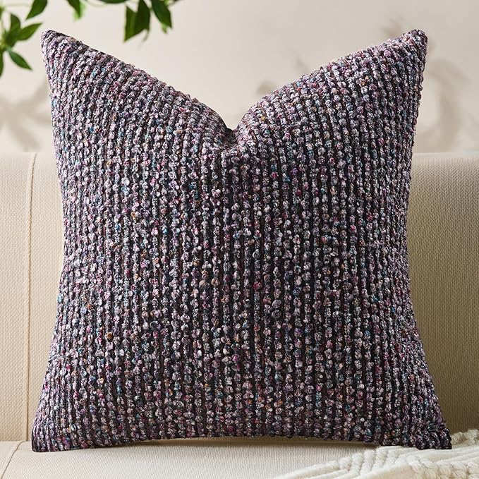 Decorative Couch Throw Pillow Covers 24x24 Purple Striped Soft Wool Pillow Covers Neutral Textured Boho Cushion Covers for Modern Farmhouse Sofa Bedroom Living Room Decor SY011-E24