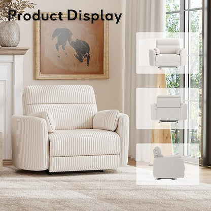 Bonzy Home Oversized Electric Recliner Chair for Adults with Extra-Wide Seat Cushion, Overstuffed Corduroy Power Recliner, Modern Round Single Sofa with 2 Pillows for Living Room, Bedroom, Beige