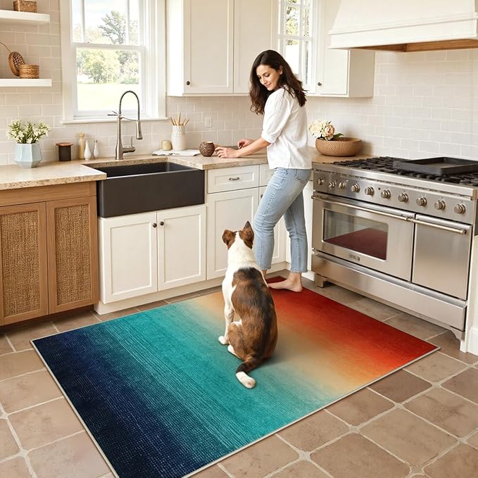Wonnitar Modern Colorful Christmas Area Rug 4x6, Abstract Ombre Living Room Rug, Washable Soft Rug for Bedroom, Non-Slip Kitchen Low Pile Floor Mat for Bathroom Entry Laundry (Colorful, 4'x6')