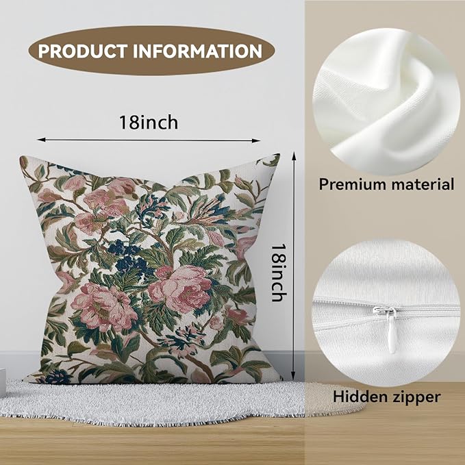 Vintage Floral Throw Pillow Covers, Vintage Flower Pattern Double Sided Cushion Cover, Indoor and Outdoor Home Art Decor Pillowcase for Sofa or Bedroom Decor 18x18inches (Green&Pink, 18x18inches)