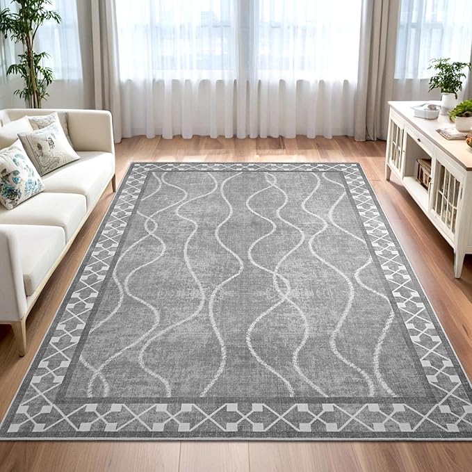 Washable Area Rug 8x10, Non-Slip Rugs for Living Room Bedroom, Low Pile Large Soft Alfombras, Modern Bordered Home Floor Rugs for Kids Playroom Office Dining Room Farmhouse, Light Grey