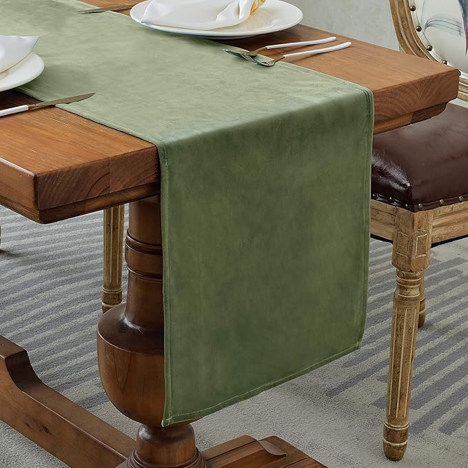 BALCONY & FALCON Velvet Table Runner 14"x95" Olive Luxury Machine Washable Farmhouse Vintage Runner for Table Dining, Party, Wedding, Birthday, Easter, Thanksgiving & Christmas & Home Décor