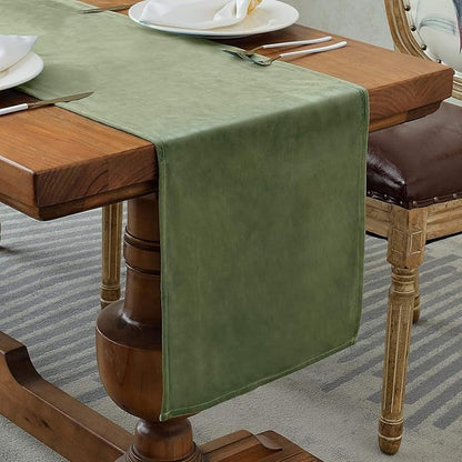 BALCONY & FALCON Velvet Table Runner 14"x118" Olive Luxury Machine Washable Farmhouse Vintage Runner for Table Dining, Party, Wedding, Birthday, Easter, Thanksgiving & Christmas & Home Décor