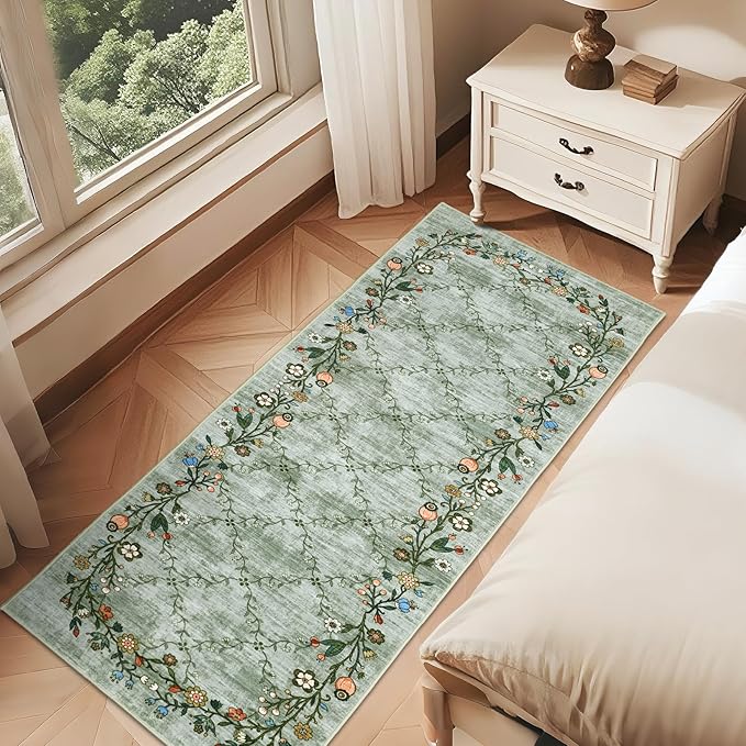 GarveeHome 2x6 Washable Floral Runner Rugs for Hallway: Modern Floral Non Slip Large Runner Rugs for Kitchen, Large Machine Washable Hallways Low Pile Carpet with Non-Slip Backing Green 2 ft x6 ft.