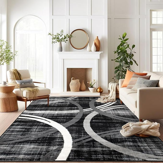 Rugshop Modern Wavy Circles Design Area Rug, Non-Shedding Carpet for Living Room, Primary Bedroom, or Dining Room, Grand Room,Open Spaces Black, 10' x 14'