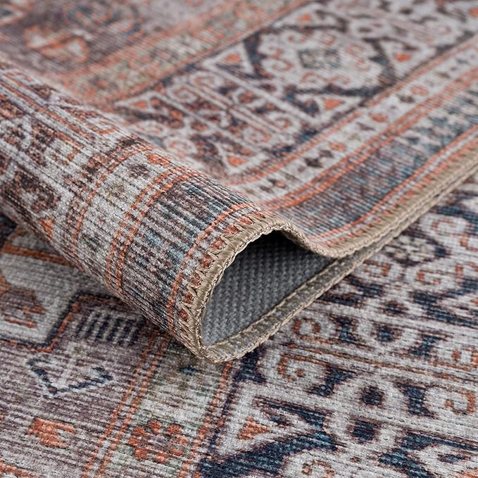 Bloom Rugs Washable 5' x 7' Rug - Brown/Blue/Orange Traditional Area Rug for Living Room, Bedroom, Dining Room, and Kitchen - Exact Size: 5' x 7'