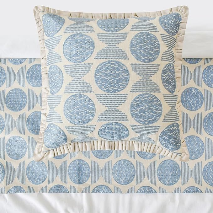 The HomeCentric King/Queen/Twin Blue Decorative Bed Runner Full 68"x18" Bed Runner with One Pillow Cover, Embroidery, Ruffles Bed Scarf on Linen Fabric - Ellara Blue