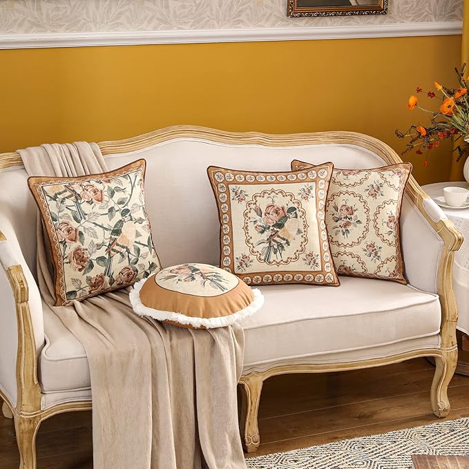 patdrea Designer Vintage Floral Throw Pillow Covers for Couch,Brown Yellow Linen Pillowcases with Bird and Rose Pattern Decorative Square Cushion for Bed Living Room Outdoor Cafe Car,18"x18"