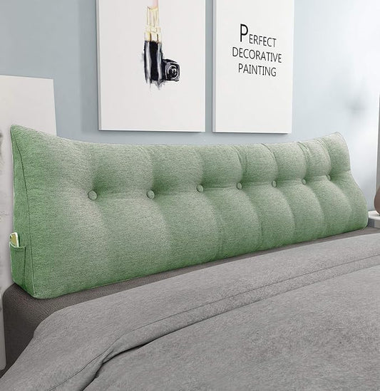 Wedge Headboard Pillow Dorm Room Reading Pillow Back Support for Sitting Up in Bed Bolster Lumbar Cushion Body Positioning Bedrest Cotton Linen 76in Grass Green King