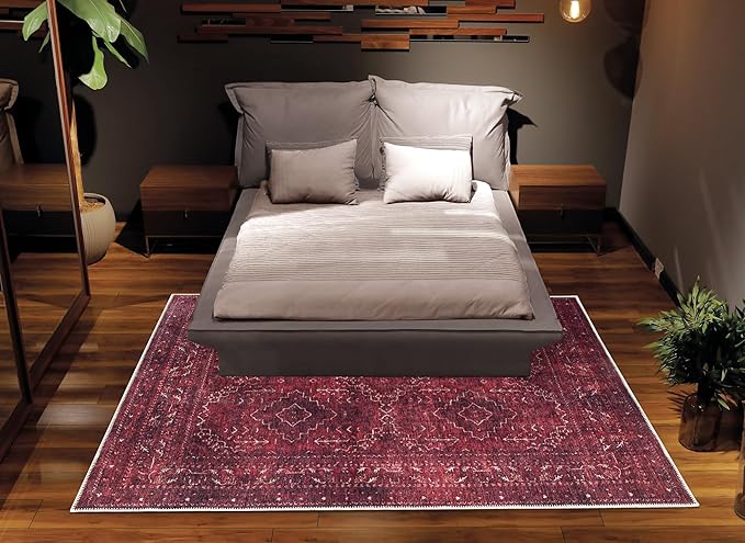 Bloom Rugs Washable Non-Slip 9' x 12' Rug - Dark Red Traditional Bordered Area Rug for Living Room, Bedroom, Dining Room, and Kitchen - Exact Size: 9' x 12'