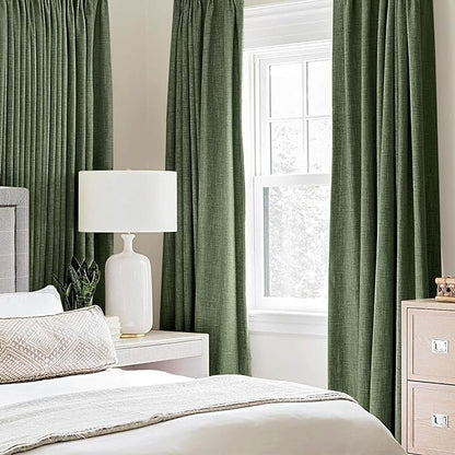 MIULEE 100% Blackout Linen Textured Curtains for Bedroom Solid Thermal Insulated Olive Green Grommet Room Darkening Curtains & Drapes Luxury Decor for Living Room Nursery 42 x 63 Inch (2 Panels)