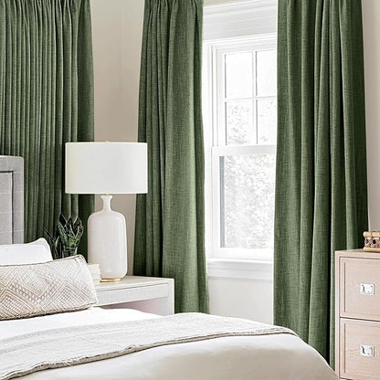 MIULEE 100% Blackout Linen Textured Curtains for Bedroom Solid Thermal Insulated Olive Green Grommet Room Darkening Curtains & Drapes Luxury Decor for Living Room Nursery 42 x 84 Inch (2 Panels)