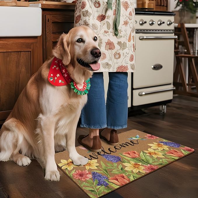 Spring Colorful Floral Birds Door Mat, Flower Welcome Front Door Mat Indoor Outdoor Entrance, Rustic Botanical Artificial Coir Doormat Rugs for Patio Entry Kitchen Decor 30x17in