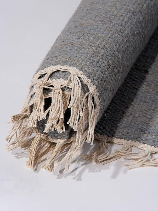 Rugsotic Carpets Hand Woven Flat Weave Kilim Wool ECO-Friendly Area Rugs - 8'x10', Rectangle Shape, Silver Color, Solid Plain Design, Low Pile Handmade Rugs for Living Room, Bed Room (D00111)