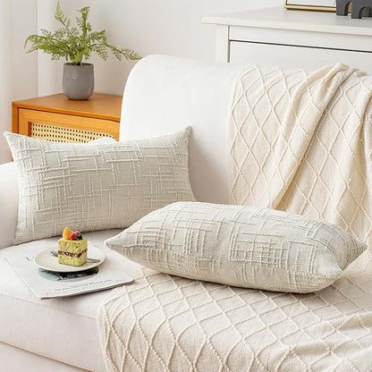 Decorative Throw Pillow Covers 12x20 Inch Set of 2, Thick Solid Farmhouse Chenille Couch Pillows, Spring Pillow Covers for Couch Sofa Bed Living Room Home Decor Pillowcase,White