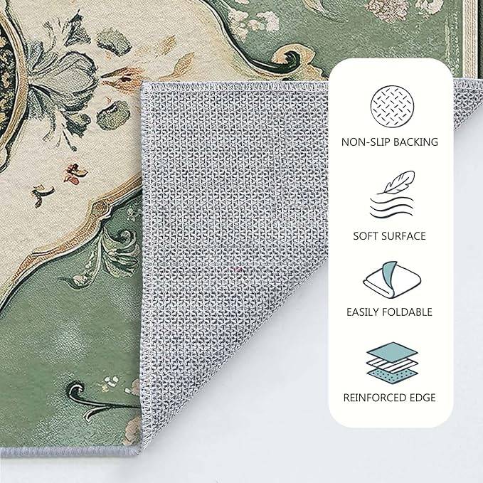 6x9 Traditional Oriental Area Rug Boho Green Rug Non Slip Low Pile Large Carpet for Home Kitchen Living Room Bedroom Dining Room Office