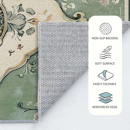 6x9 Traditional Oriental Area Rug Boho Green Rug Non Slip Low Pile Large Carpet for Home Kitchen Living Room Bedroom Dining Room Office