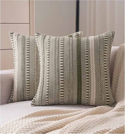 Boho Throw Pillow Covers 20x20 Inch Set of 2, Farmhouse Decorative Couch Pillow Cases, Green Accent Pillows of Bed, Sofa Bedroom Living Room Home Decor Cushion Cover