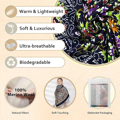 DANA XU 100% Merino Wool Pashmina Shawl for Women 96"x43", Oversized Cashmere Wrap with Tassels, Floral Travel Blanket Cape