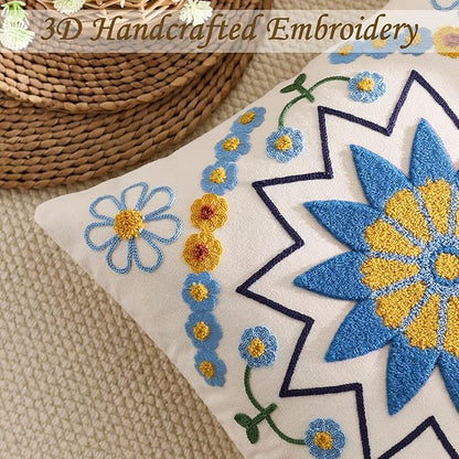 Embroidered Throw Pillow Cover 22x22 Classic Boho Floral Pattern Pillows Cover Outdoor Decorative Pillowcase,Durable Cozy Textured Cushion Case for Sofa Couch Bed Living Room,Blue Orange