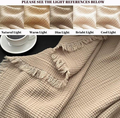 MorroMorn 100% Cotton Muslin Throw Blanket with Fringes 50"x60", 4-Layer Gauze Blankets for Adults, Boho Bedding Breathable Lightweight Ultra-Soft Farmhouse Decor for Couch Bed All Seasons, Khaki