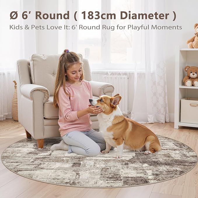 Abstract Living Room Rug Round 6FT - Modern Washable Soft Thin Area Rug for Living Room Bedroom Under Dining Table - Neutral Indoor Floor Rug Carpets for Home Office Playroom Nursery - Brown